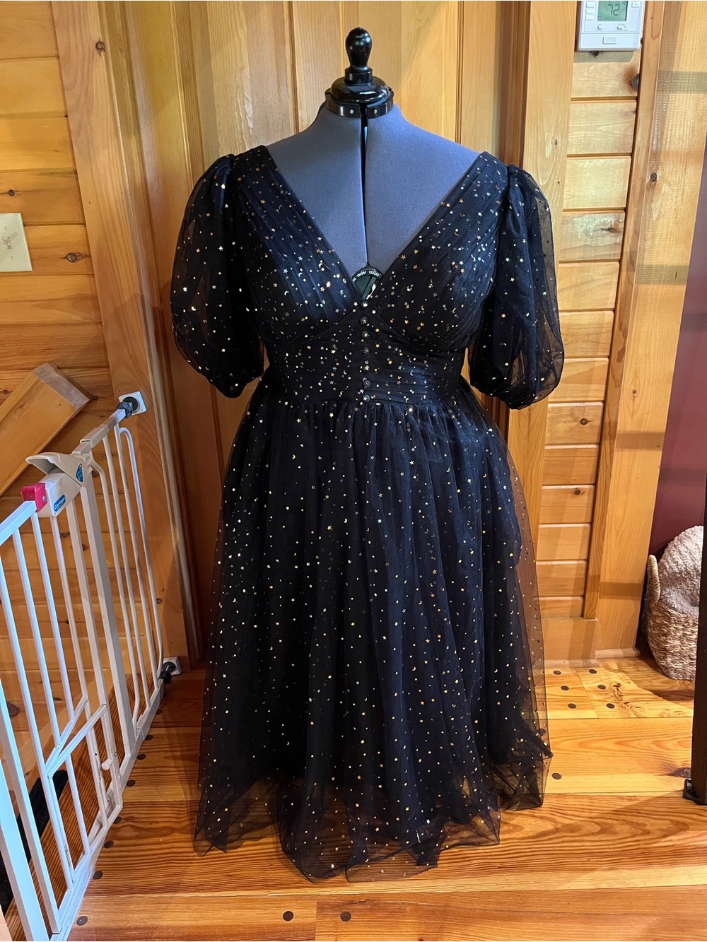 Black Puff Sleeve Tulle Dress with Gold Star Accents